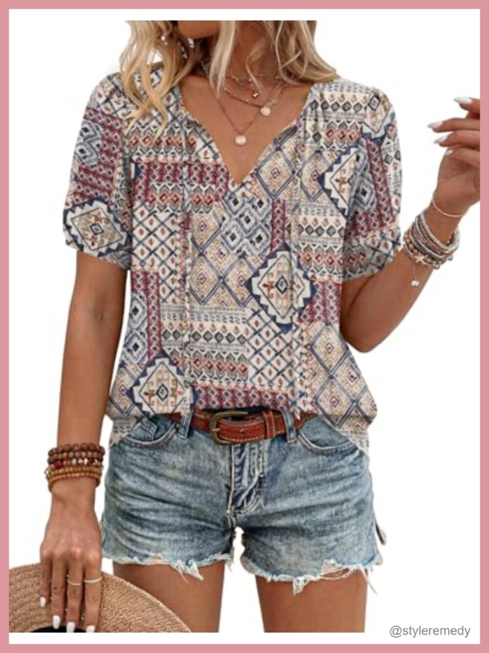 Boho Peasant Blouse Womens Tie-Front Puff Sleeve V-Neck Top